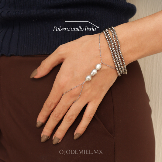 PULSERA ANILLO PERLA PLATEADA